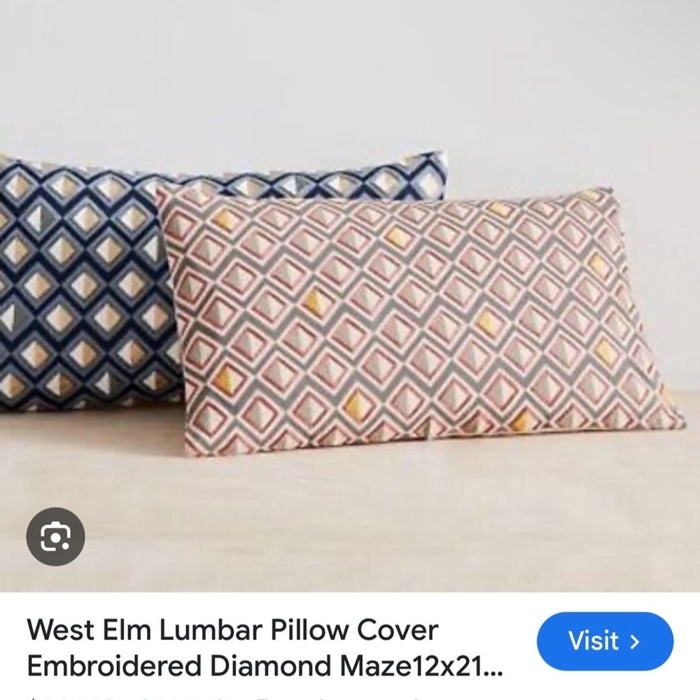 West Elm Navy and Blush Diamond Embroidered Lumbar Pillows